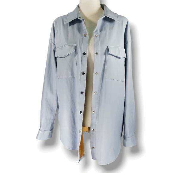 EUC Missguided Faux Vegan Leather Snap Front Shacket Jacket Sz. 6 Baby Blue - Picture 2 of 9